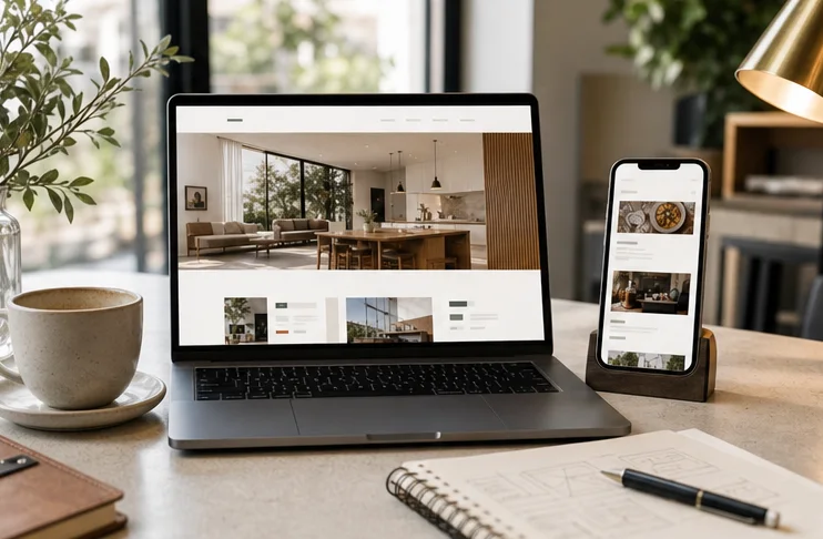 Responsive website drafts shown across laptop, phone, and printed brand boards